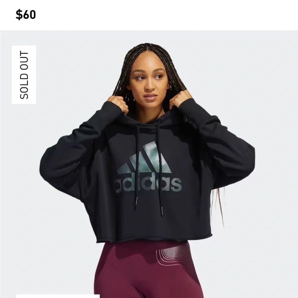 Adidas Holiday Graphic Hoodie Size XS Black Loose Fit Cropped Shimmery Logo Hood